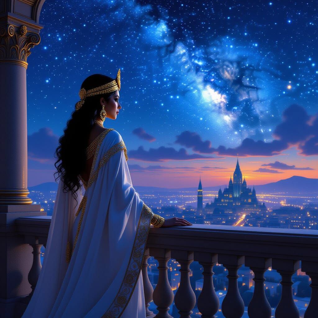 Assyrian Princess on Balcony Overlooking Futuristic City