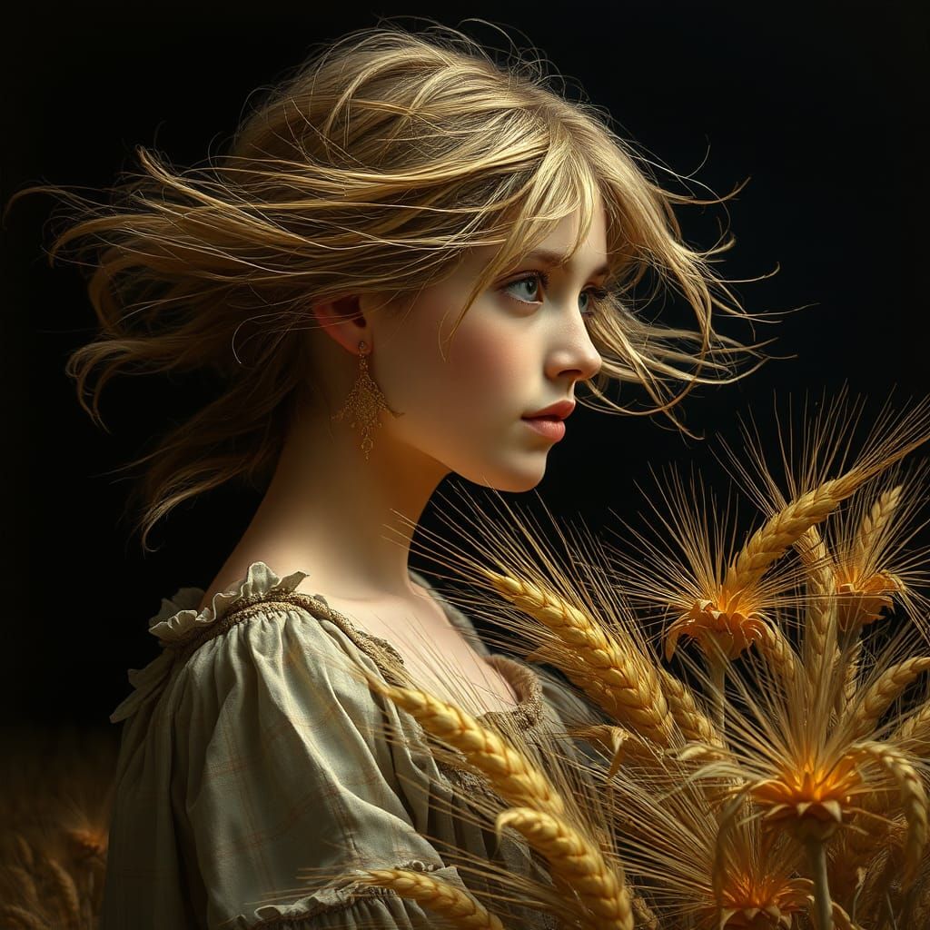 Windswept Maiden Harvesting Wheat: Matte Painting