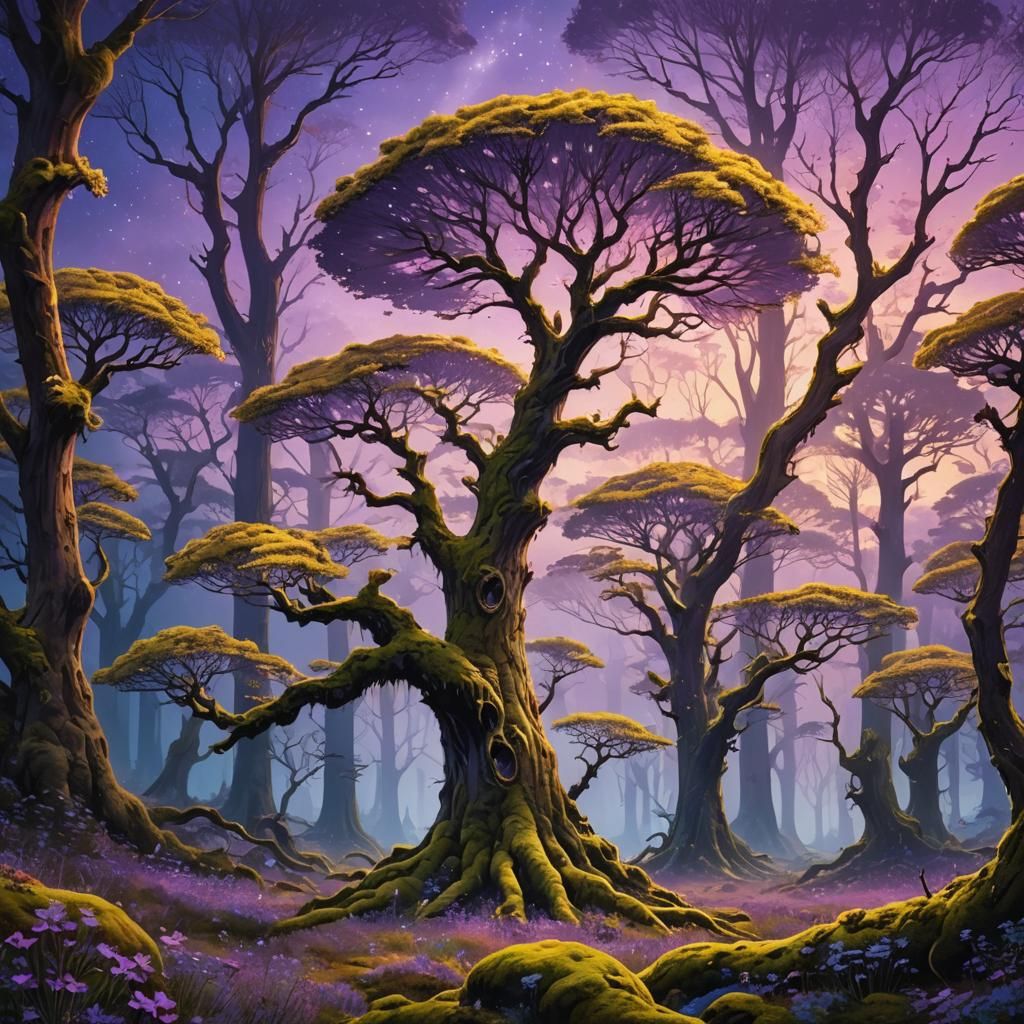 Mystical Ancient Forest Under Purple Sunrise Sky