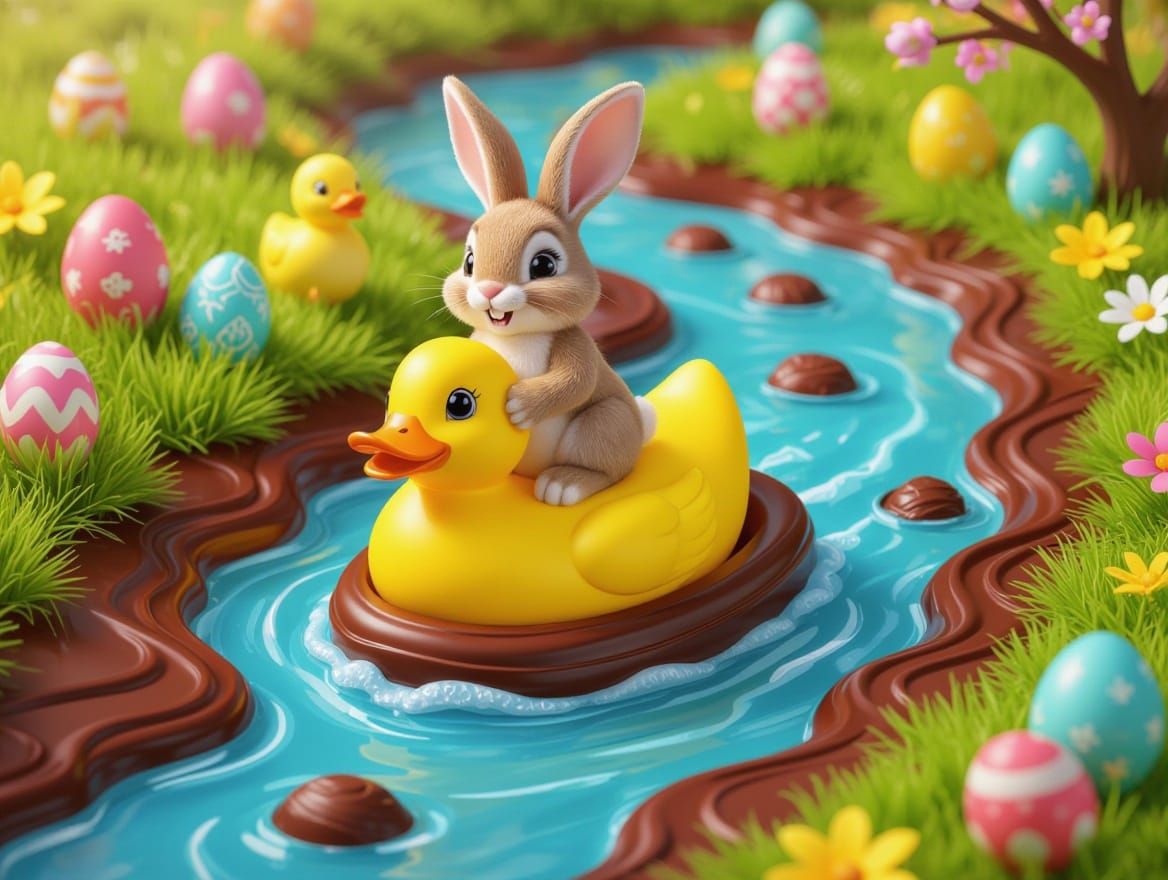 Easter Bunny Sails on Chocolate Duckling in Sweet Easter Egg...