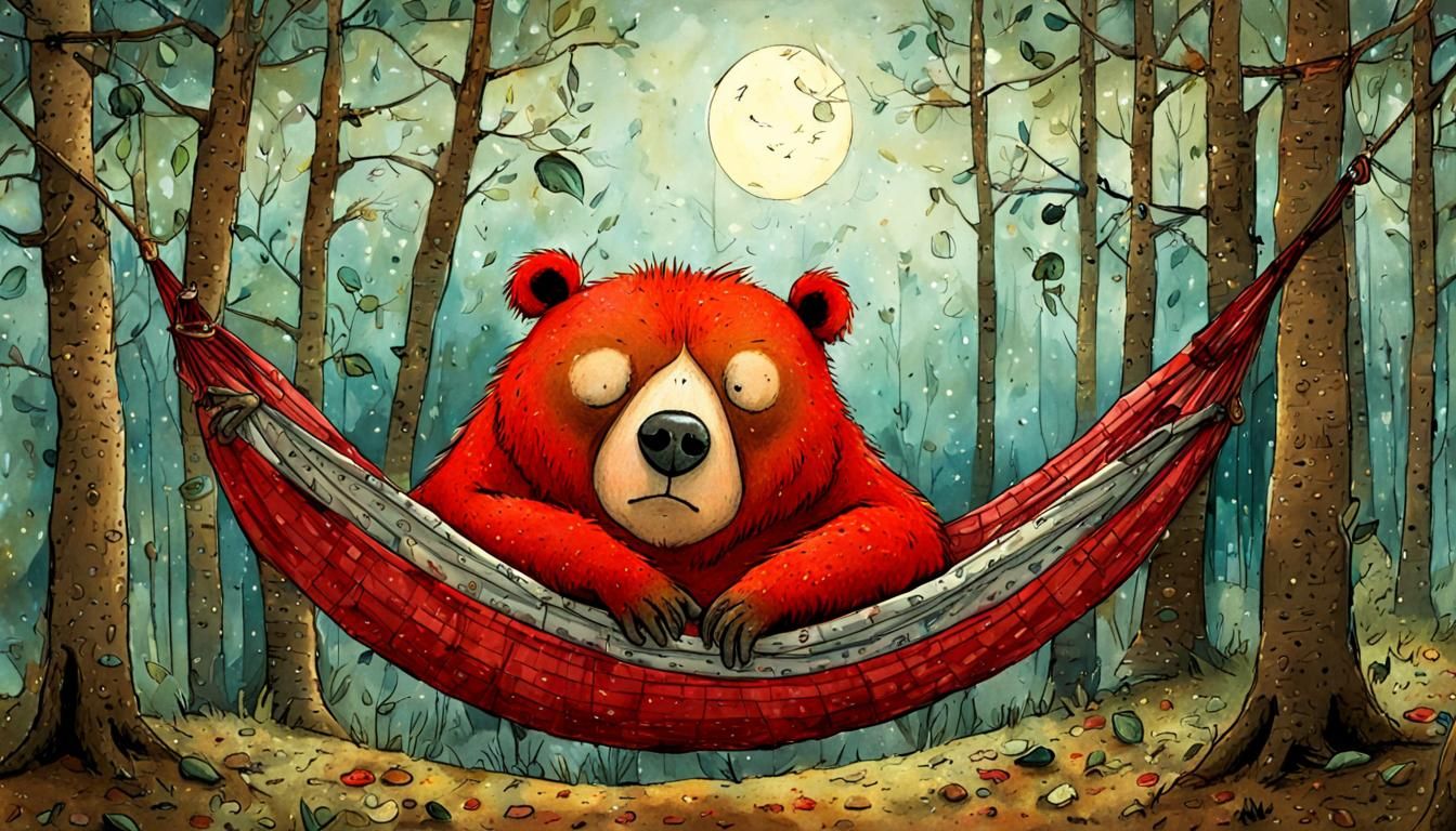 Whimsical Red Bear Frowns in Hammock