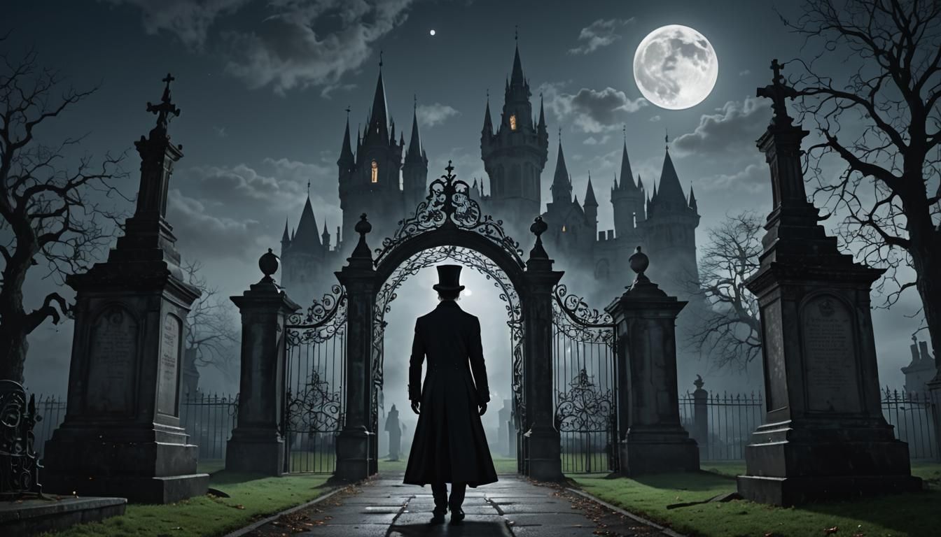 Mysterious Man at Cemetery Gate Under Moonlight