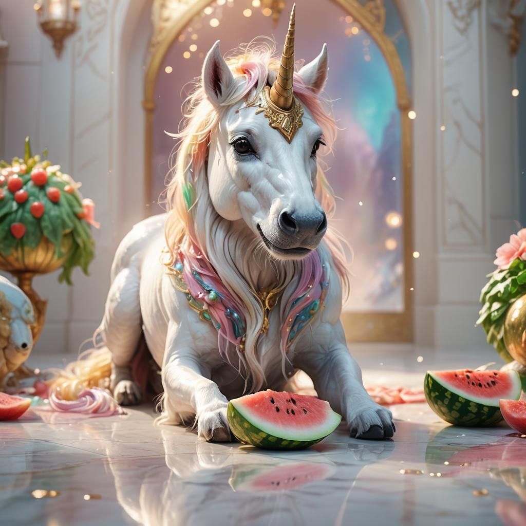 Unicorn-Dog Eating Watermelon: Pastel Fantasy Art