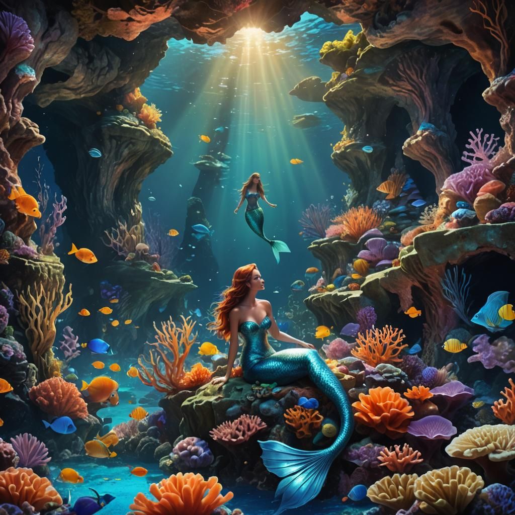 Mermaid on Coral Reef in Underwater Cave