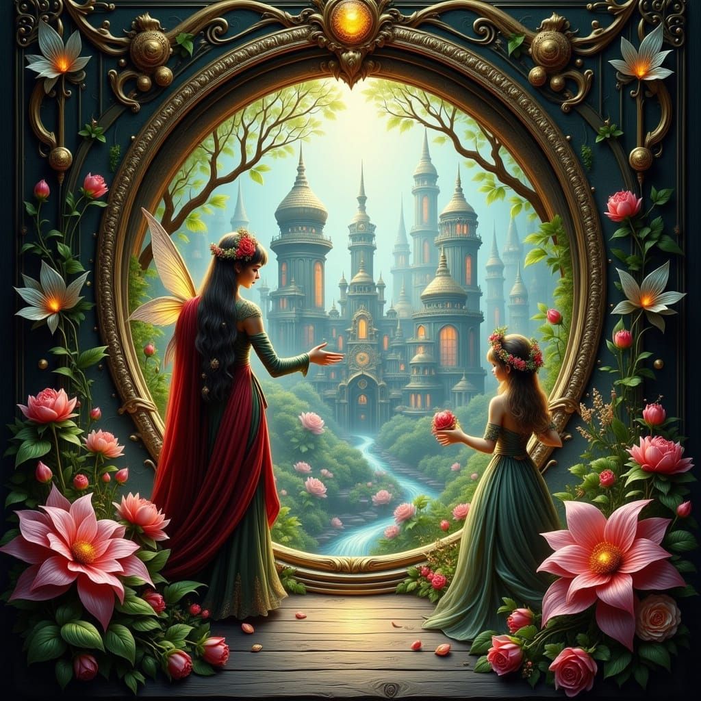 Fairies Gaze Through Portal at Steampunk Cityscape