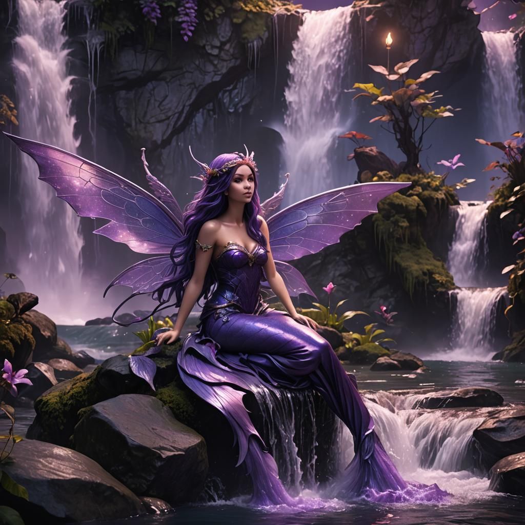 Purple Fairy Mermaid at Waterfall: Fantasy Concept Art