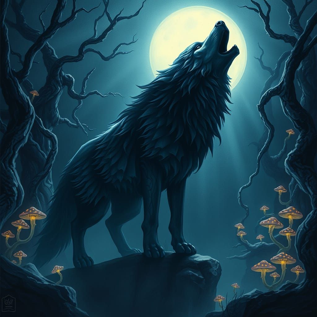 Ghostly Wolf Emerges from Shadows in a Dark Fantasy Landscap...