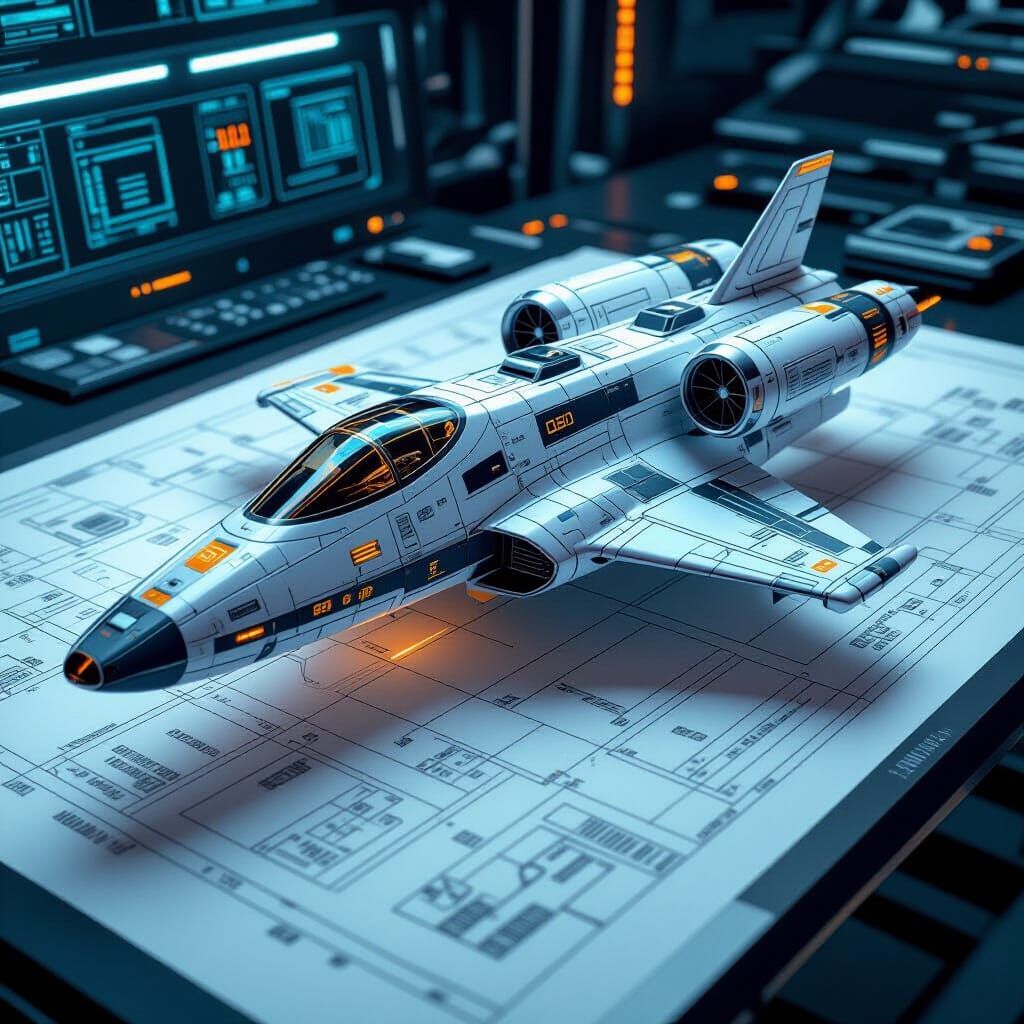 Futuristic Spacecraft Schematic in Sci-Fi Style