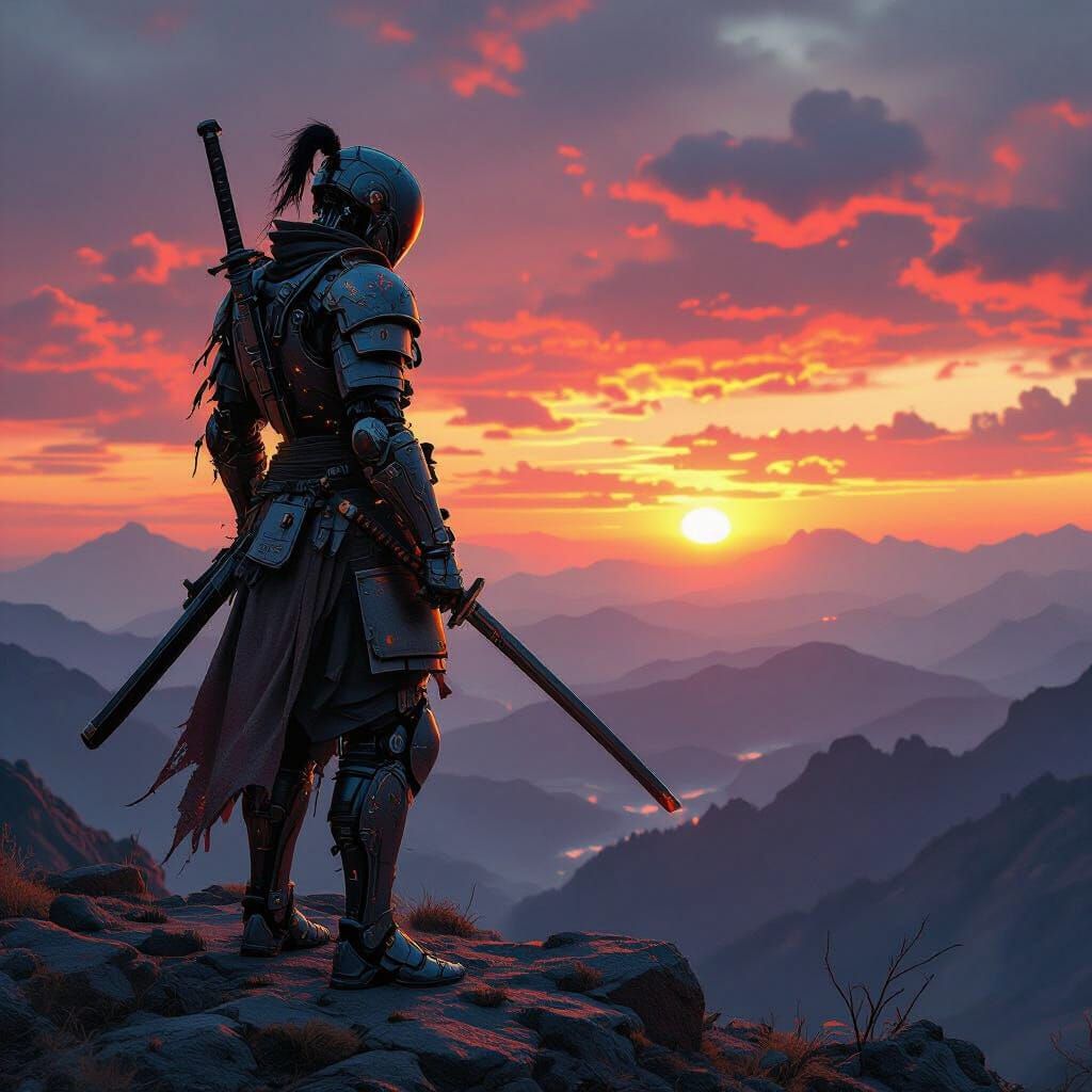 Cyborg Samurai at Sunset: Hyperrealistic Digital Art