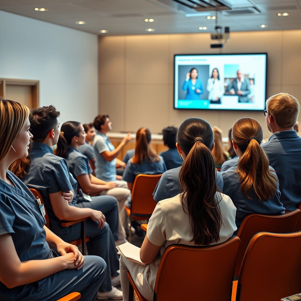 Diverse Nurses in Modern Auditorium, Photorealistic Style