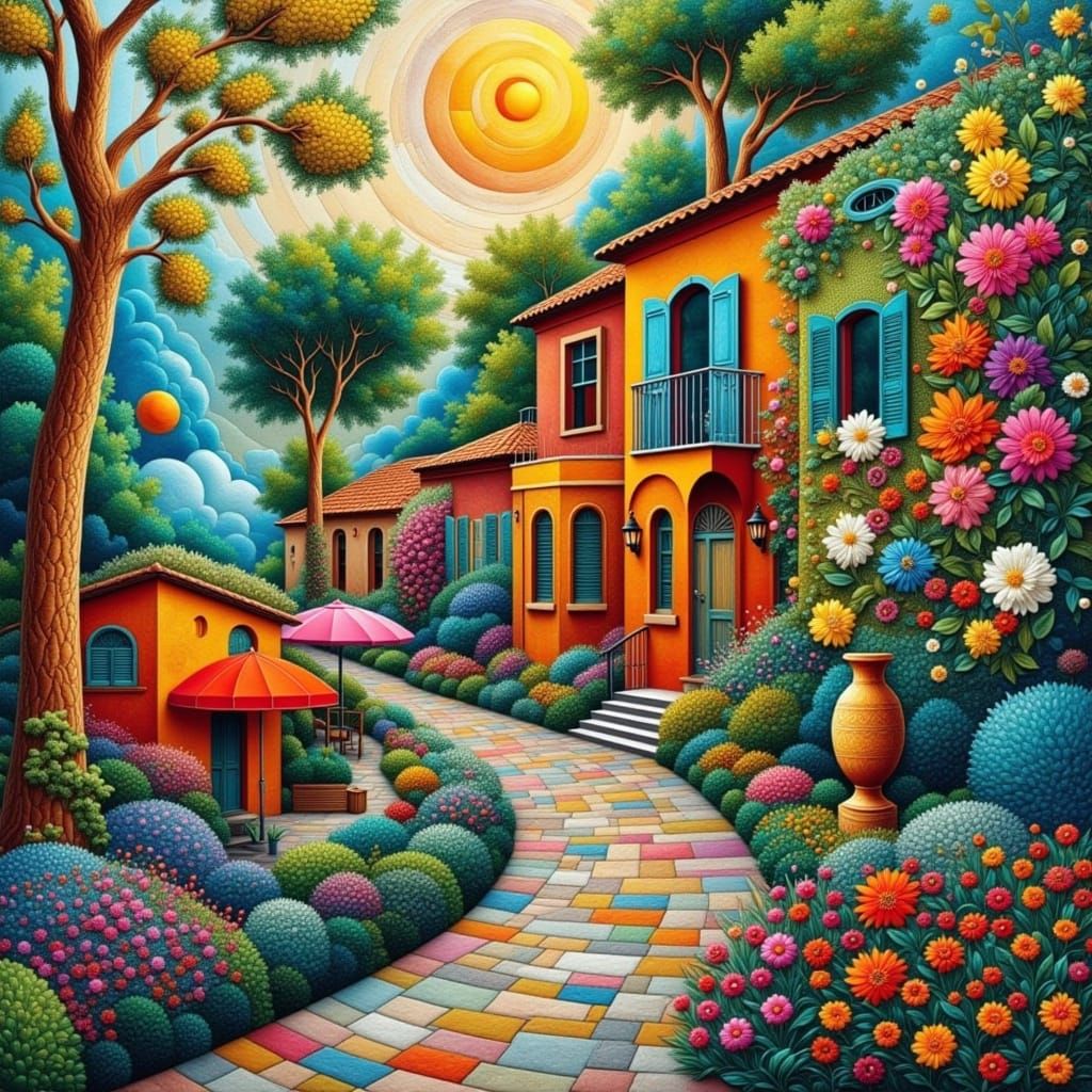 Abstract Italian Courtyard Scene in Vibrant Colors