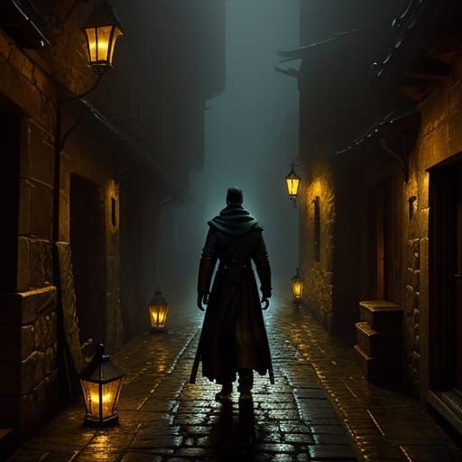 Fantasy Alleyway at Night in Moody Oil Painting Style