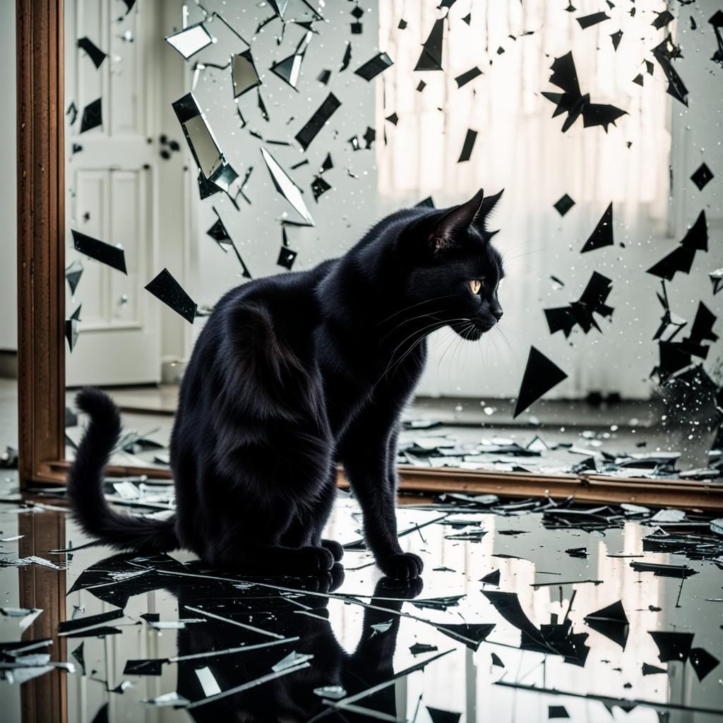 Eerie Black Cat and Broken Mirror Image