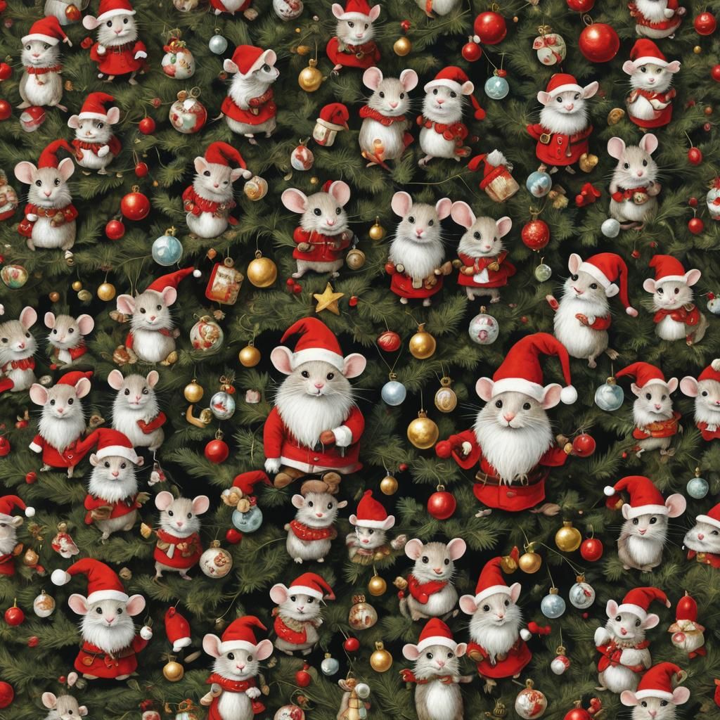Mice Decorate Christmas Tree in Santa Outfits