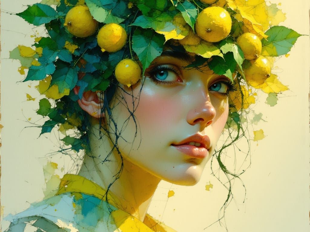 Woman With Lemon Tree Hair Crown, 8k Concept Art