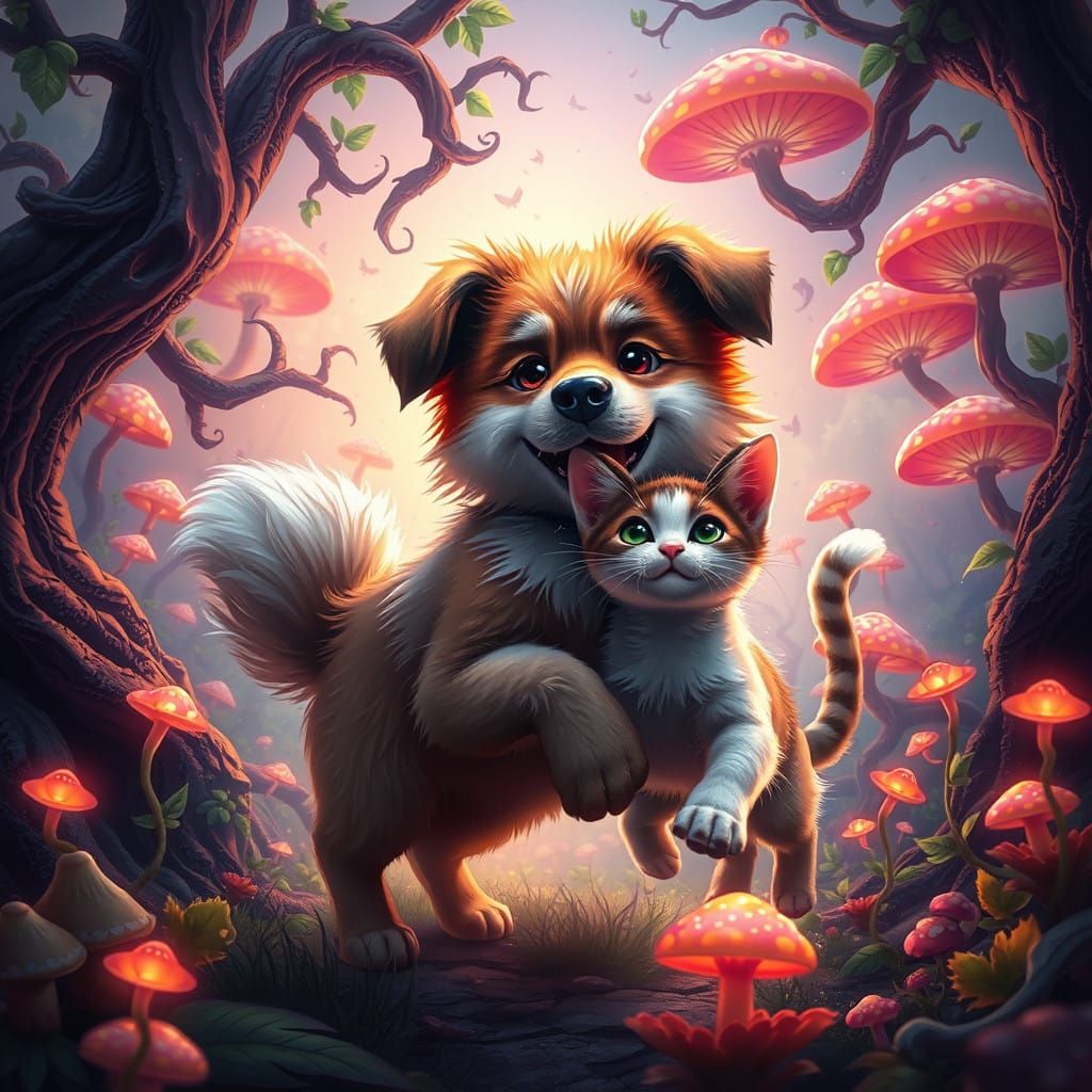 Whimsical Fantasy Scene of Dog and Cat in Lush Surroundings
