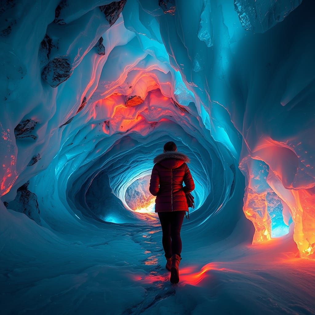 Volcanic Ice Cave Explored with Rainbow Light