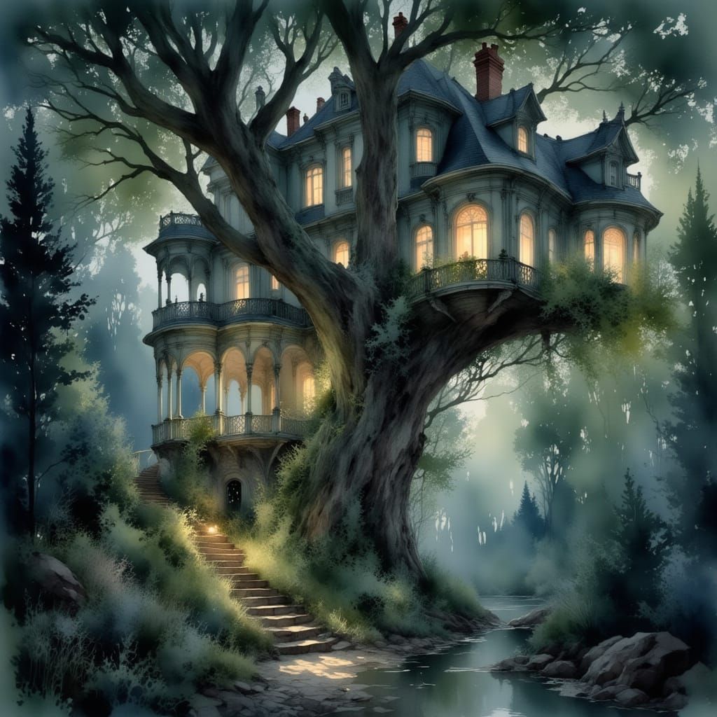 Enchanted Treehouse Amidst Twilight Forest