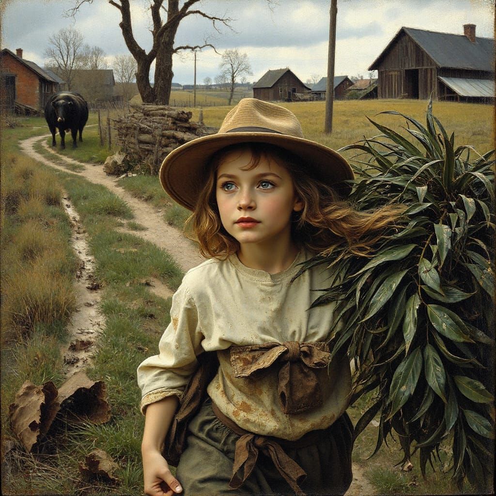 Girl Embracing Vaska: Figurative Art Nouveau Scene