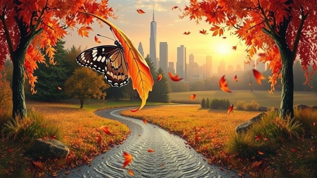 Butterfly on Autumn Leaf in Creek: Macro Photo