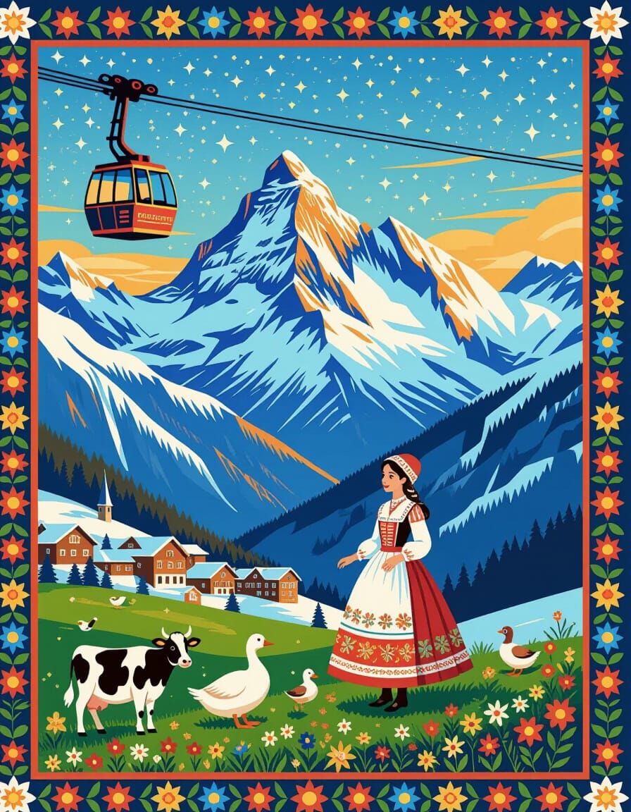 Whimsical Swiss Alps Village with Giraffe