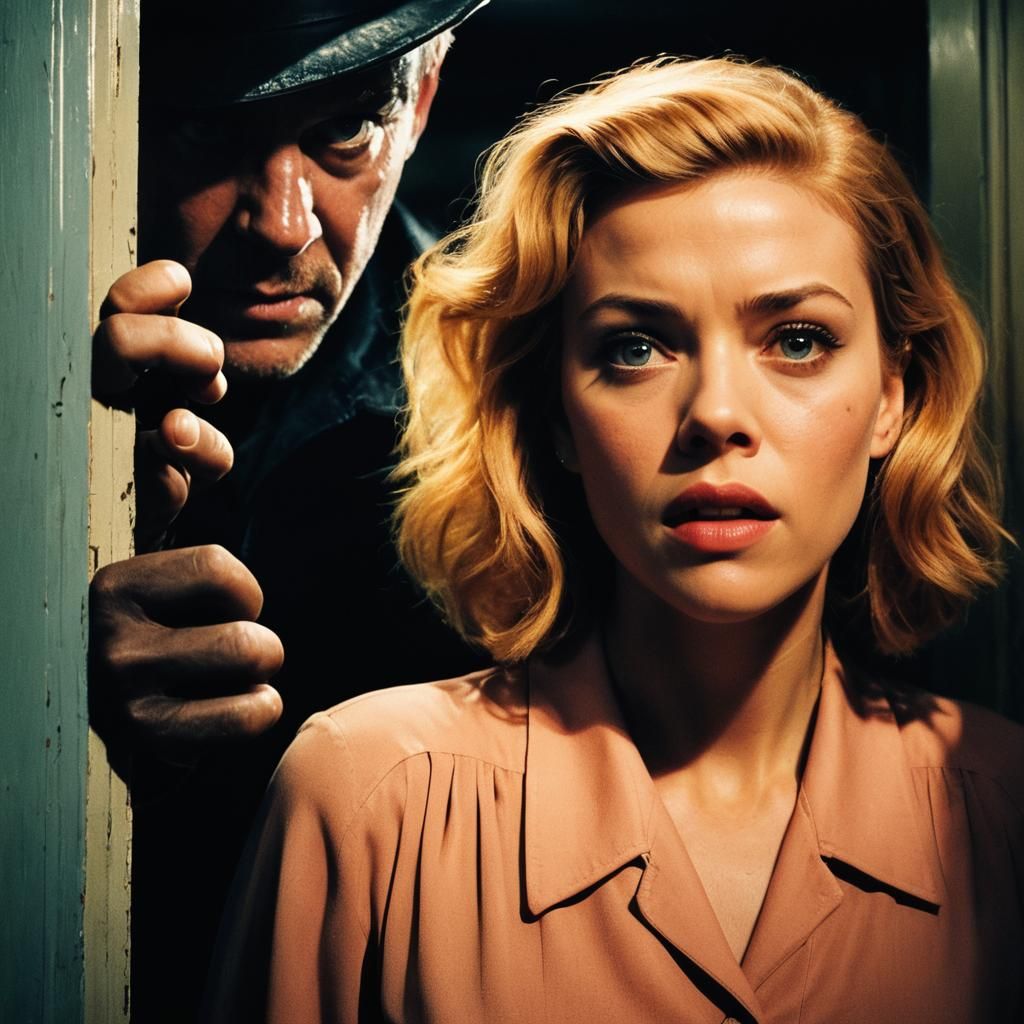 Dramatic Close-Up of Terrified Woman in Film Still