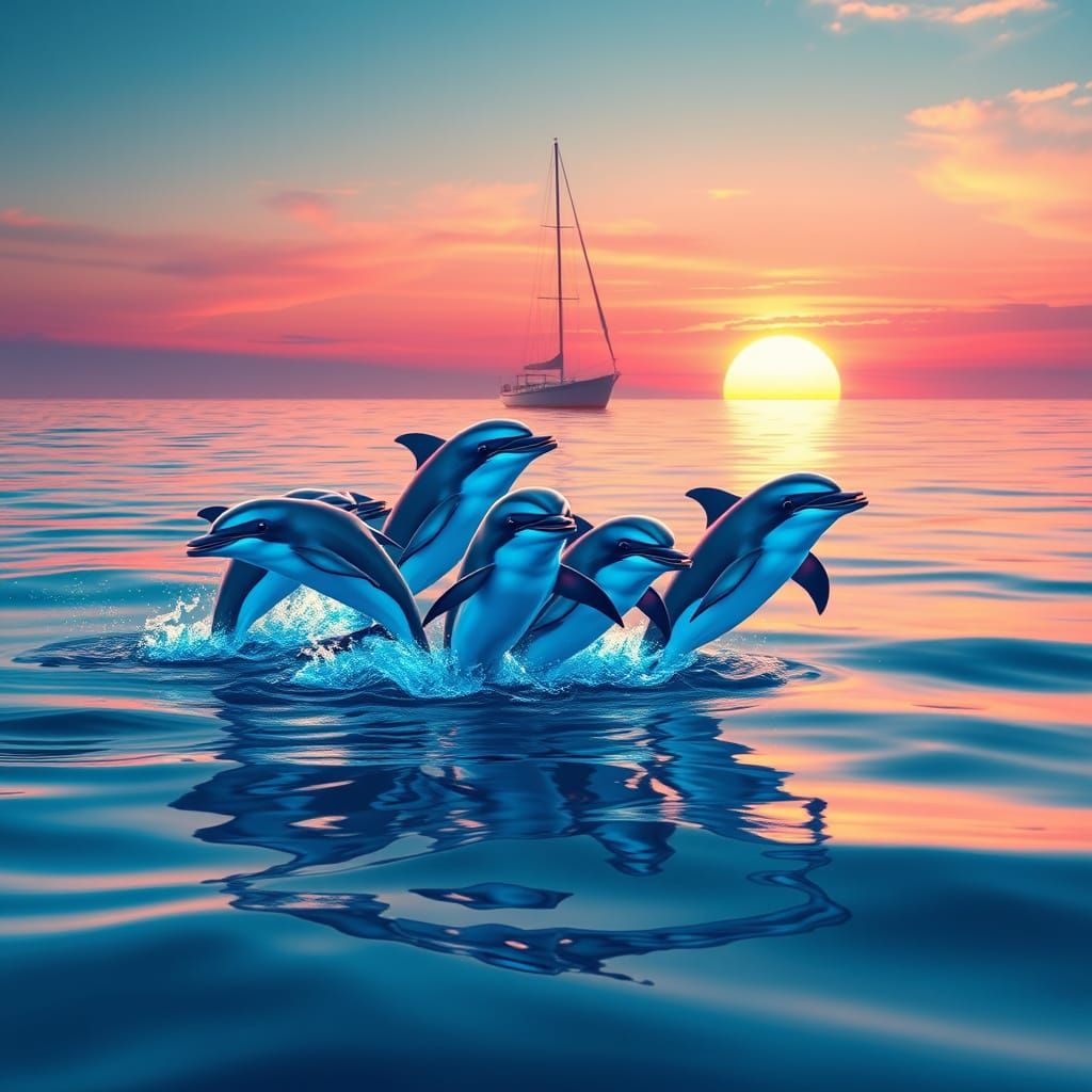 Synchronised Dolphins Dancing Near Vintage Sailing Boat in N...