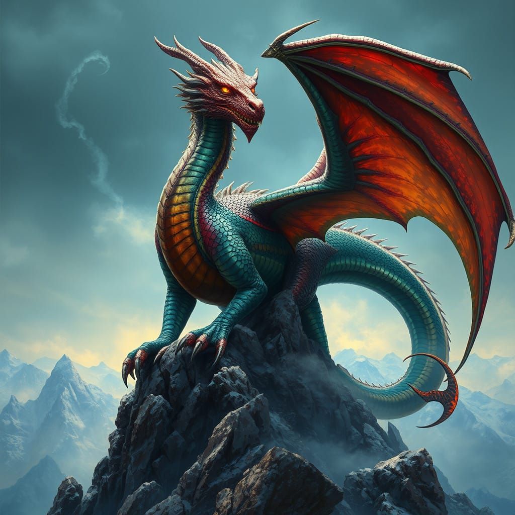 Majestic Dragon on Windswept Mountain Peak