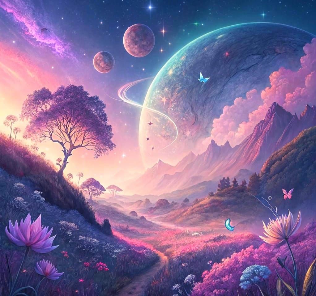 Ethereal Fantasy World with Softly Coloured Planets and Magi...