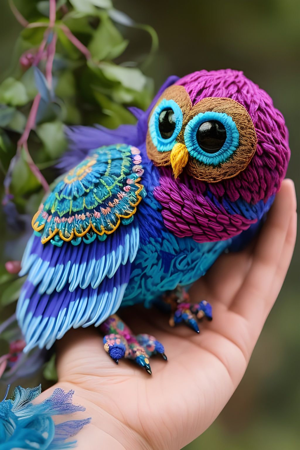 Detailed Cerulean Yarn Owl Plushie in Forest