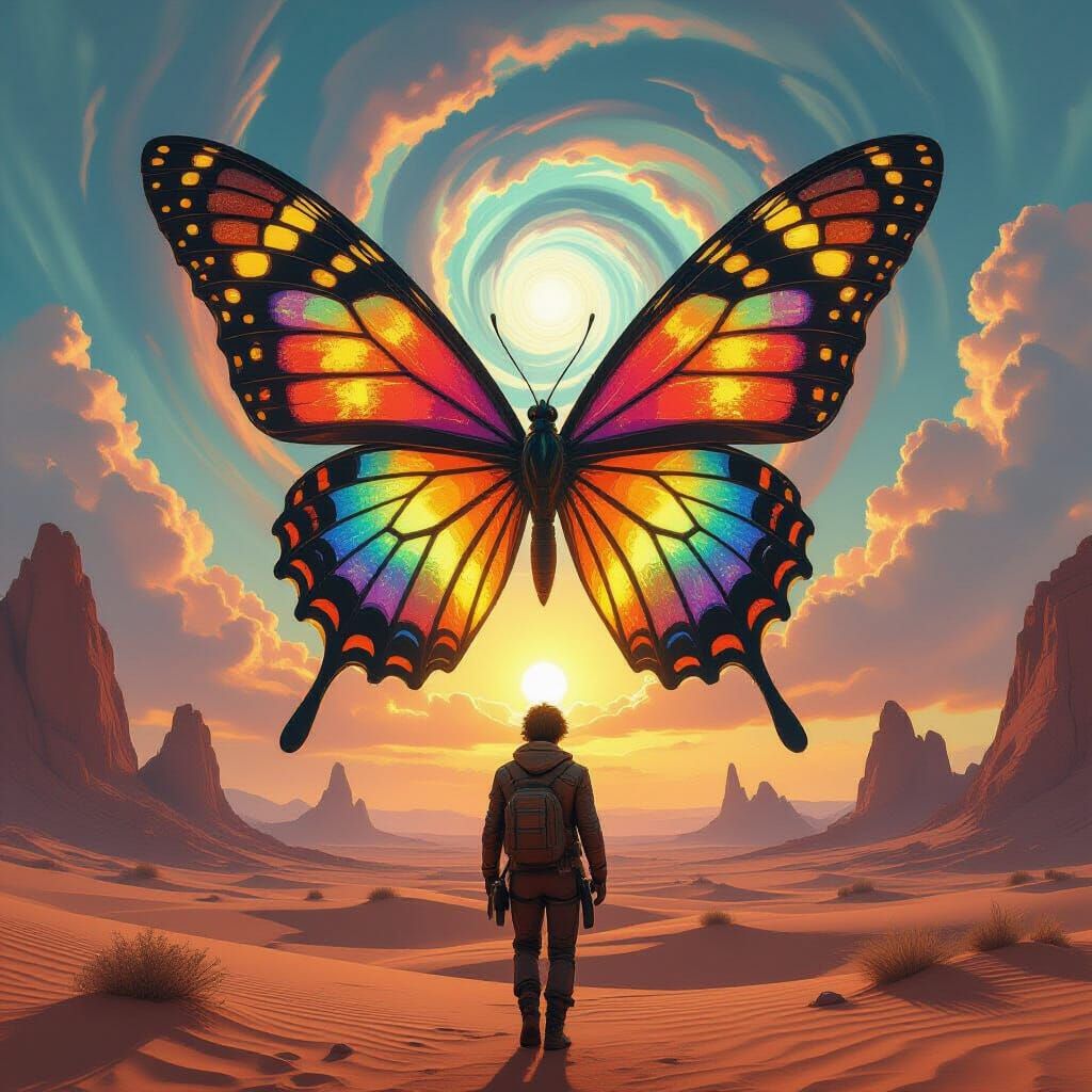 Giant Stained Glass Butterfly Over Alien Desert