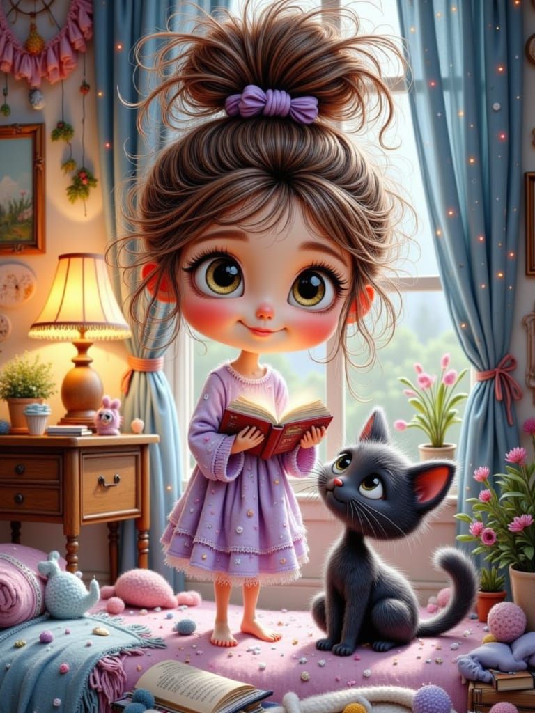Whimsical Girl With Cat and Glowing Book