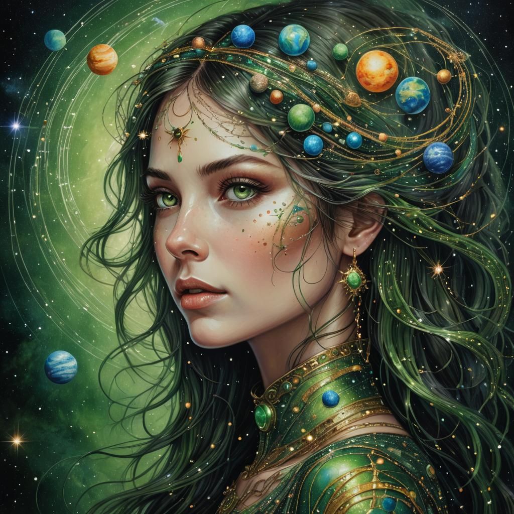 Cosmic Woman Portrait with Celestial Elements