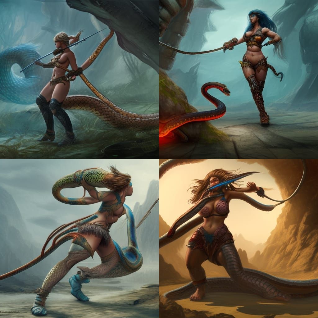 Female Warrior Battles Snake: Detailed Fantasy Art