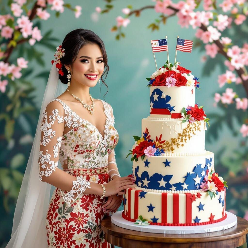 Filipina Bride Beside American Wedding Cake