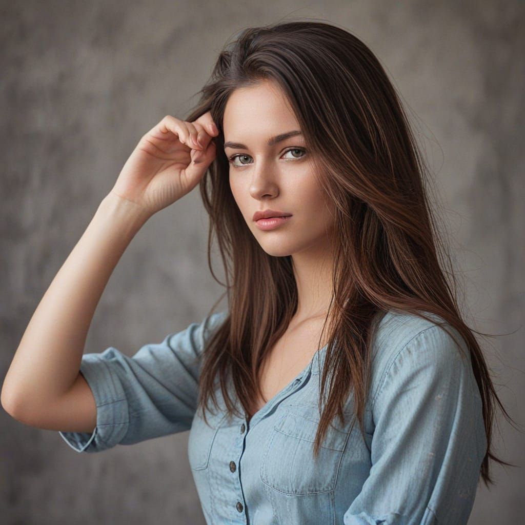 Windswept Woman Brushes Hair Back, Atmospheric Portrait