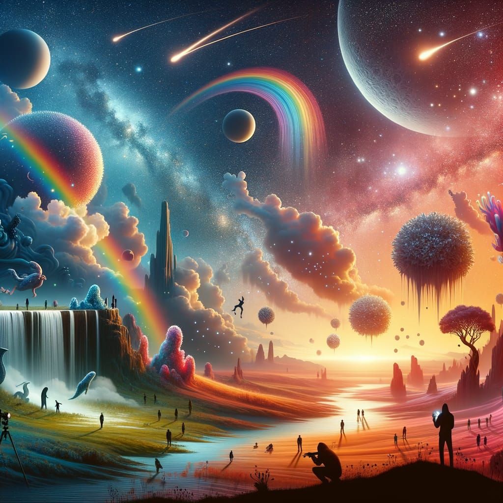 Surreal Landscape with Floating Islands and Silhouettes