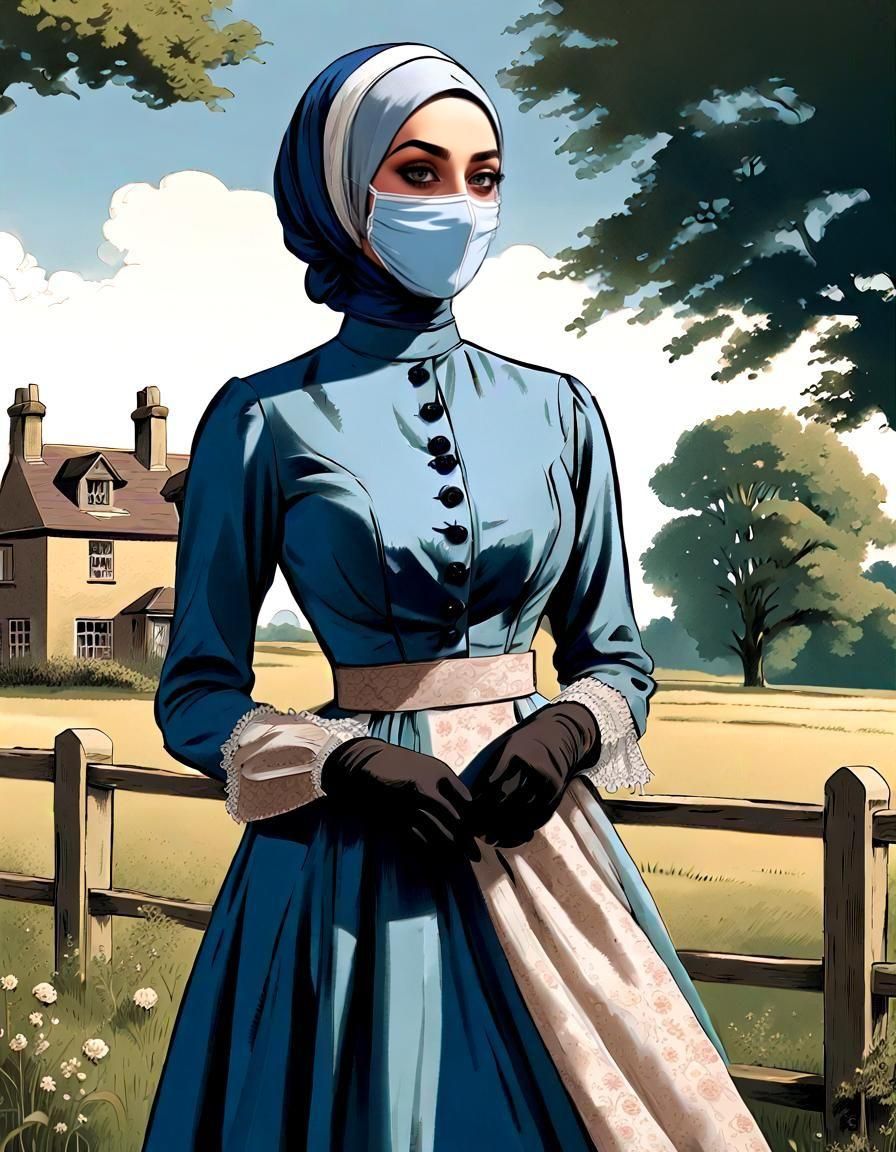 Victorian Hijabi in English Countryside, Vintage Comic Art