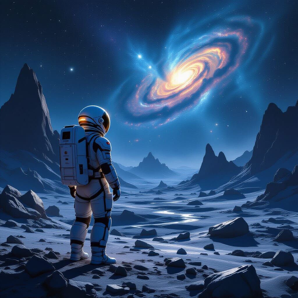 Astronaut on Alien Planet Gazing at Nebula
