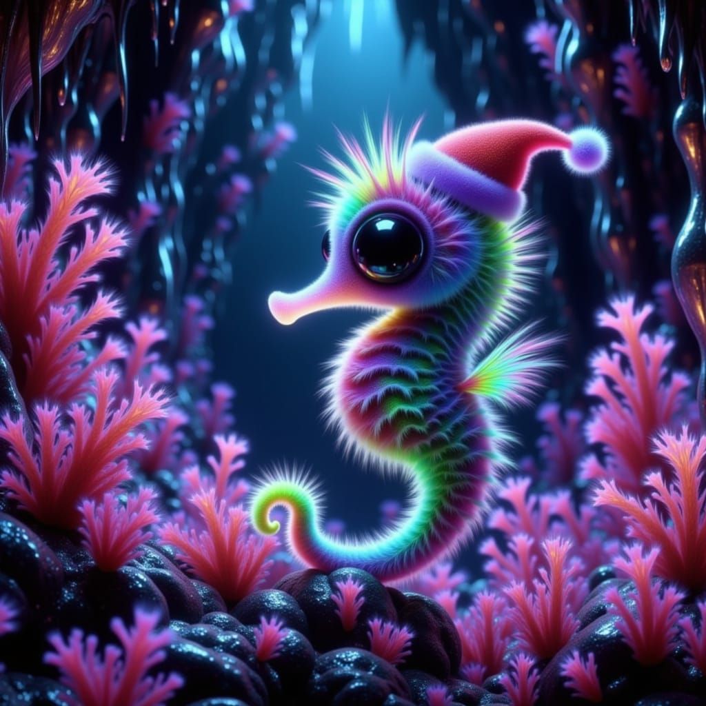 Ethereal Seahorse in Neon Santa Hat in Crystal Cave