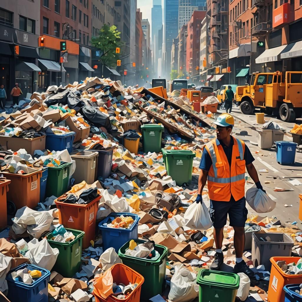 Vibrant Urban Scene of Sanitation Worker Collecting Trash