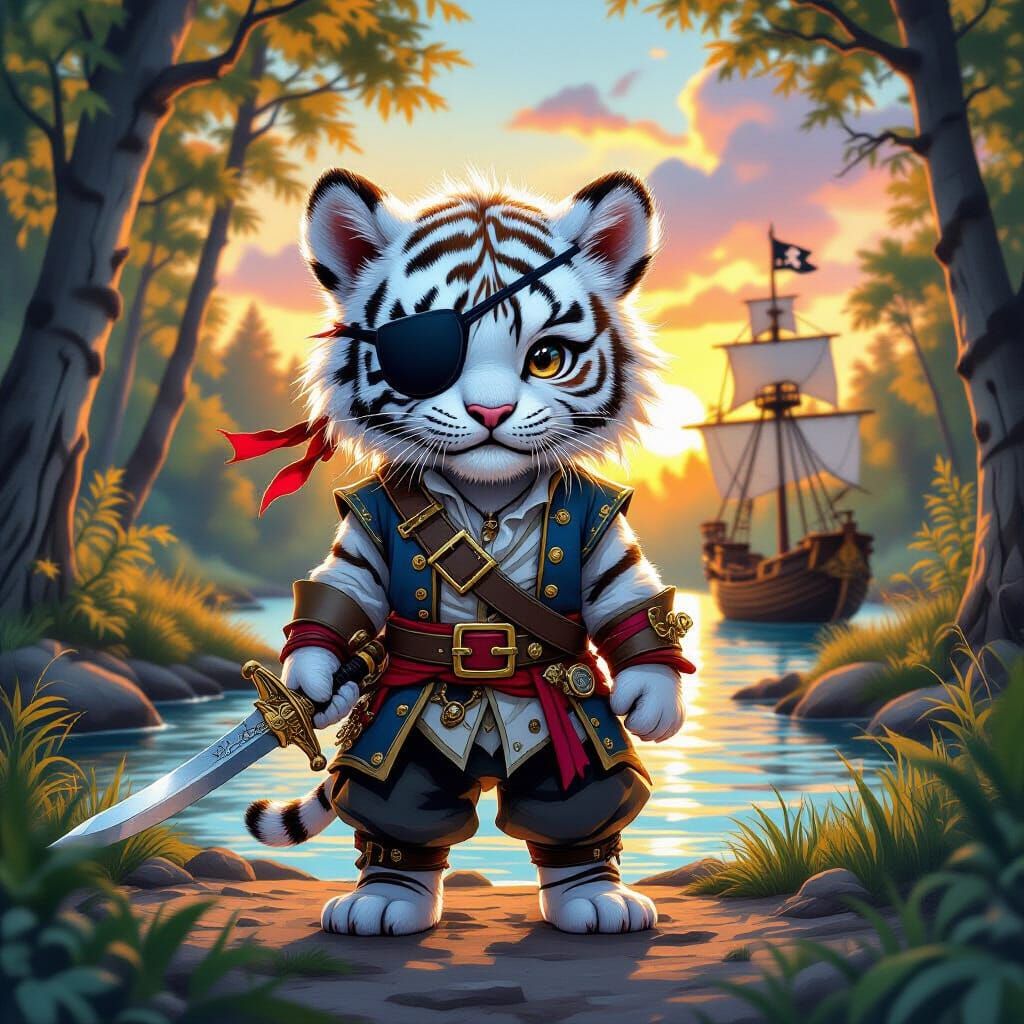 White Tiger Pirate Cub in Hyperrealistic Splash Art Style