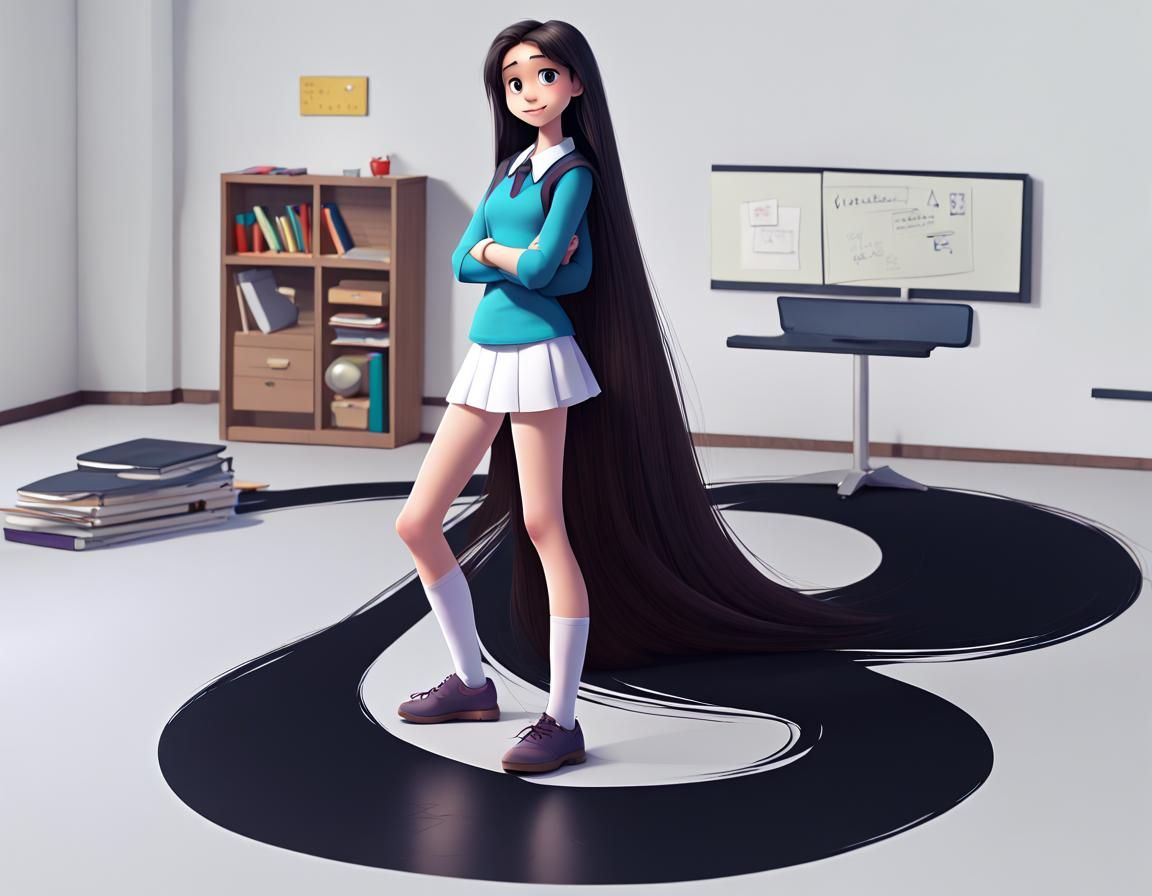 Girl with Absurdly Long Hair in 3D Digital Art