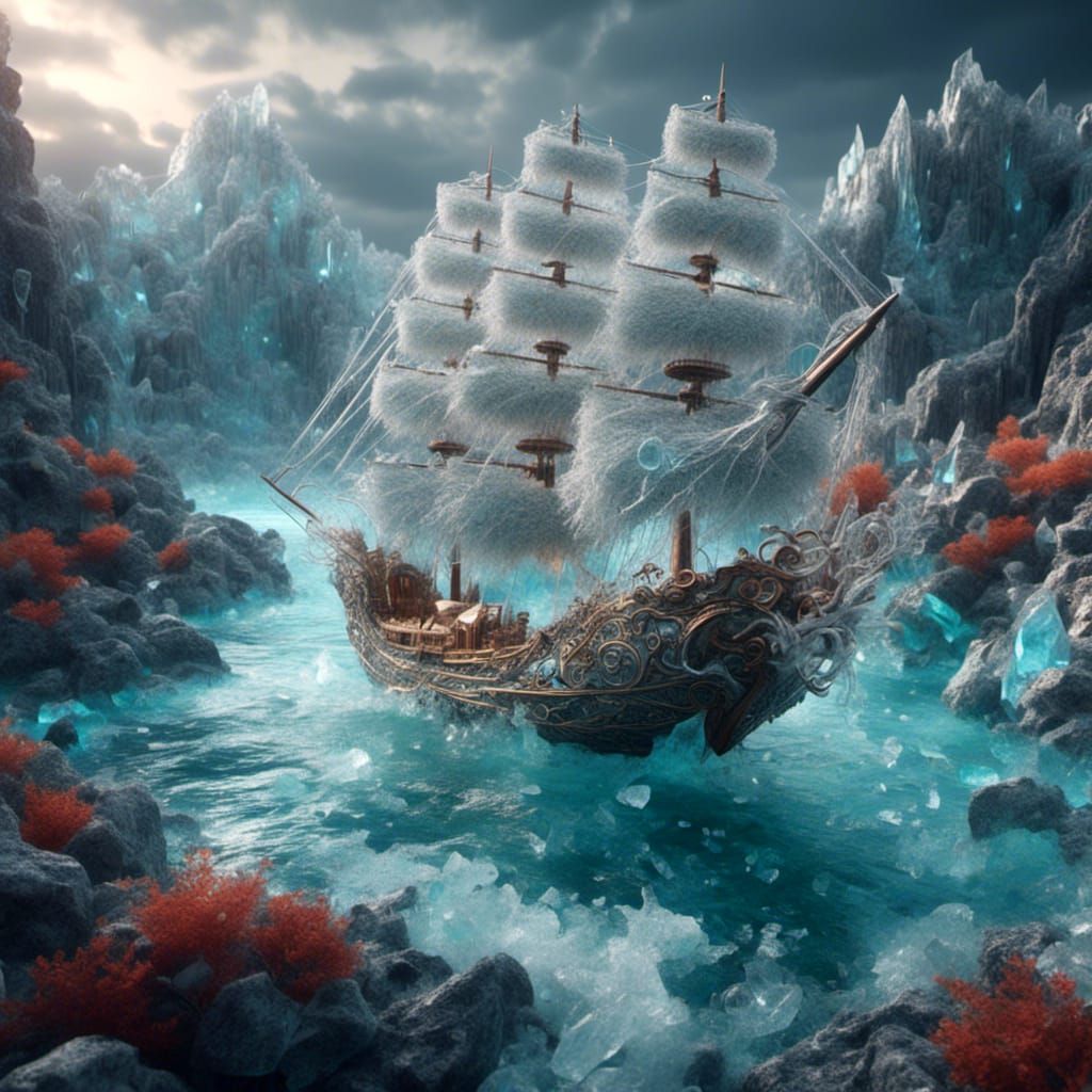 Crystal Sailboat at Ancient Harbour: Detailed Matte Painting
