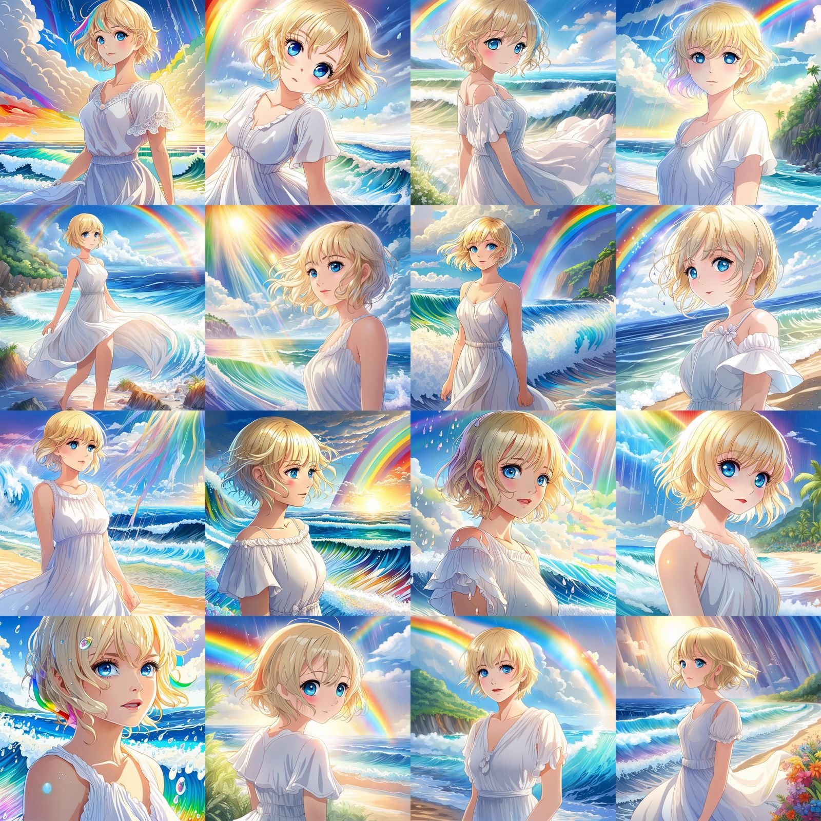 Anime Woman on Beach with Rainbow