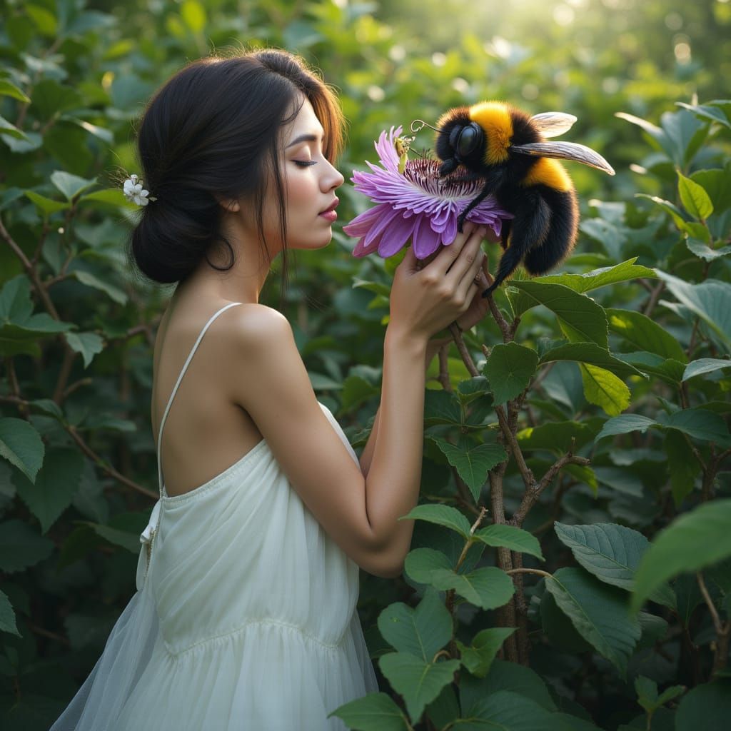 Woman and Bumblebee in Dreamy Embrace