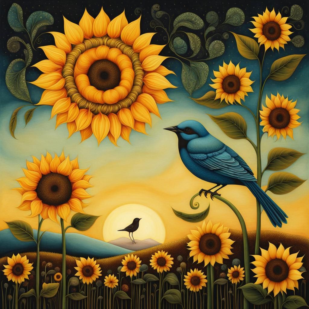 Sunflower and Bird at Sunset: Surreal Illustration