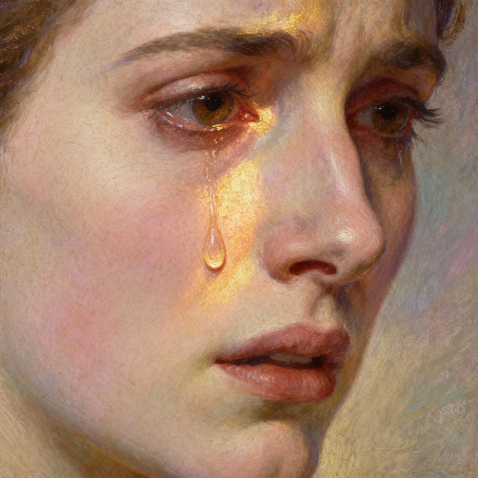 Renaissance Pastel Painting of Crying Woman's Face