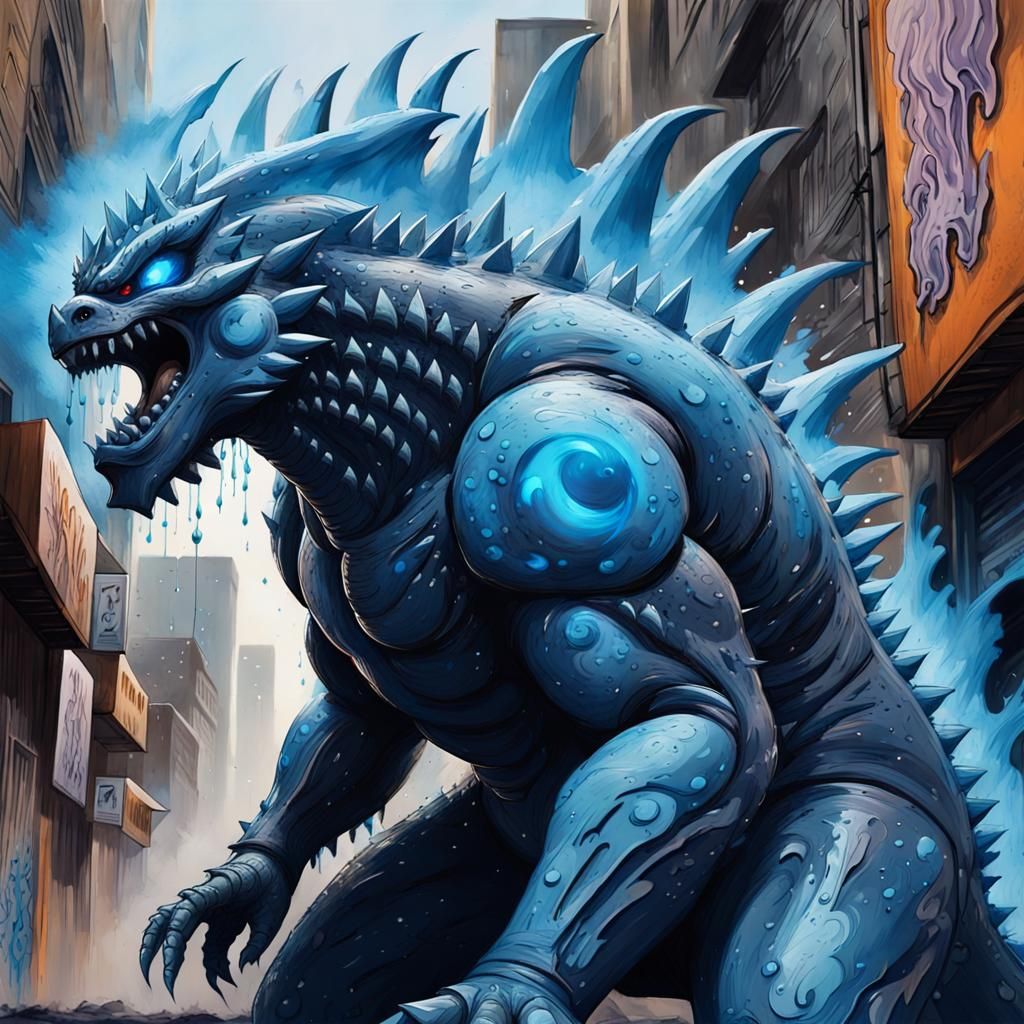 Godzilla's Atomic Breath in Graffiti Art Style