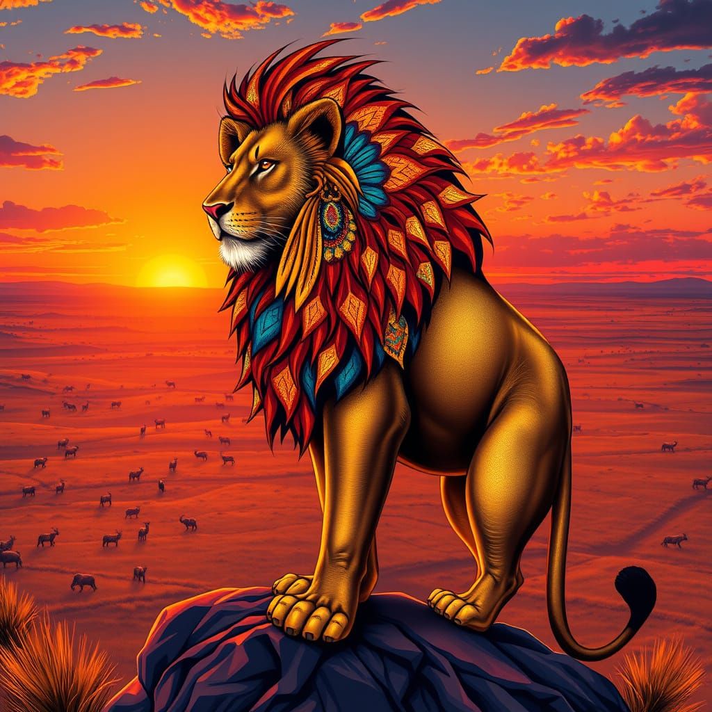 Lion with Kaleidoscope Mane in Art Nouveau Style